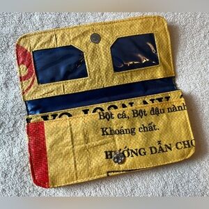 Upcylced Rice Bag Wallet, Made in Cambodia. Yellow. Like New